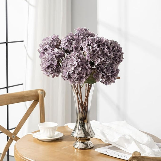 Artificial Flower Fake Silk Hydrangea Heads Bouquet With Stems Bulk for Fall Decoration Table Center Christmas Indoor Outdoor Faux Decorations Floral Realistic With Leaves Plants Craft(Grayish Purple)