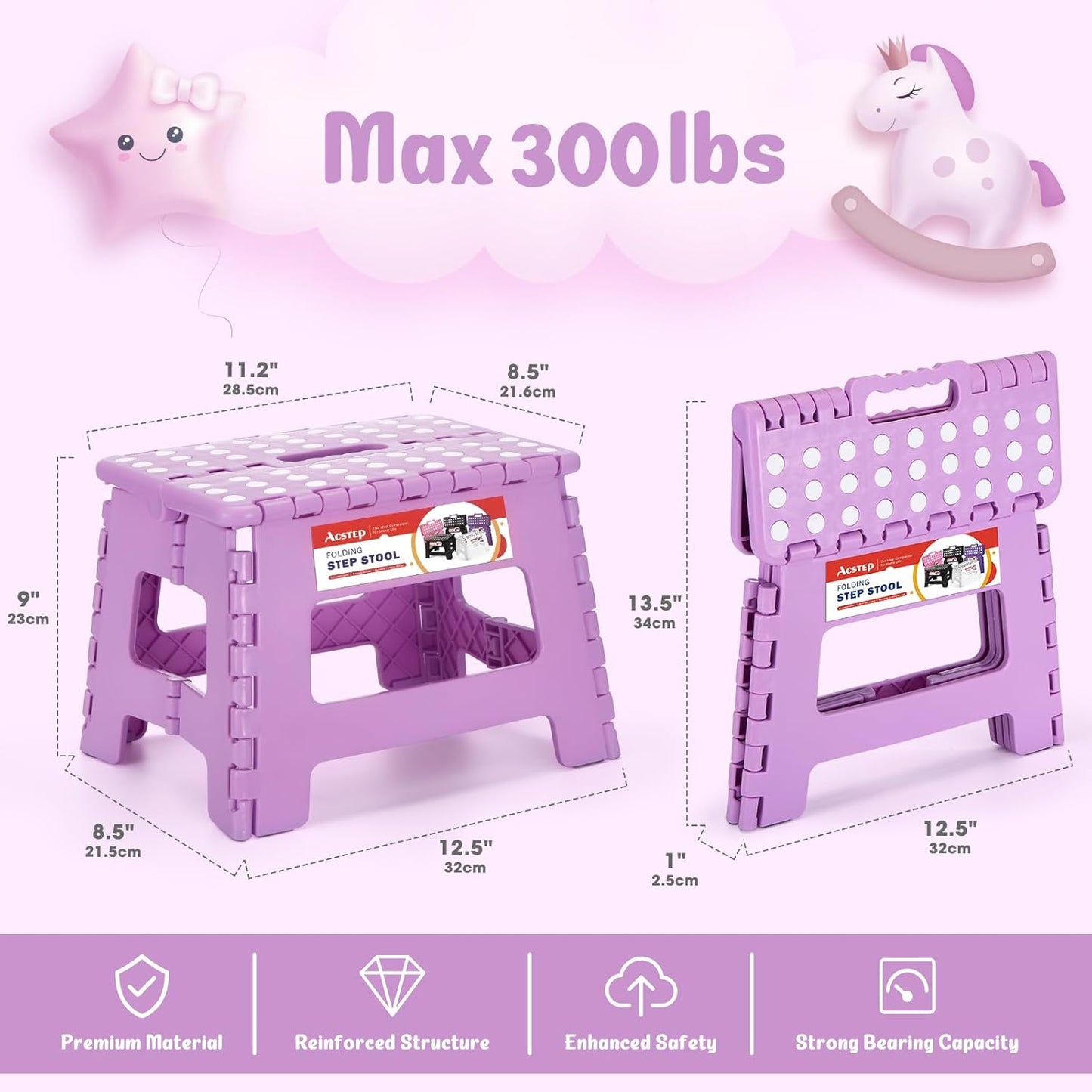 ACSTEP 9 Inch Folding Step Stool 300 LB Capacity Plastic Foldable Step Stools for Kids and Adults, Folding Stool Suitable for Kitchen, Stepping Stool with Handle Light Purple Small Step Stool 1PC