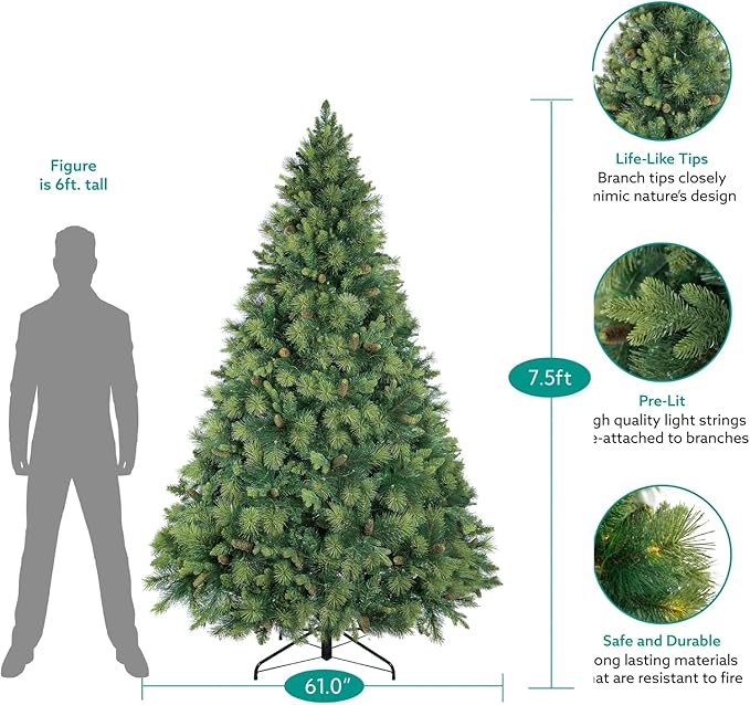 Naomi Home Vail 7.5ft Prelit Artificial Christmas Tree with Pine Cones, Foot Pedal, 1556 Branch Tips, 750 Warm Lights and Metal Stand, 61" Wide Realistic Traditional Christmas Tree with Lights