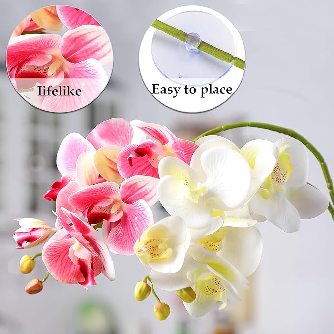 Chuangdi 2 Pieces Artificial Phalaenopsis with Suction Cups Terrarium Plant Decoration Reptile Habitat Plant Decor for Hermit Crab Lizards Geckos Snake Reptile (Dark Pink, White Yellow)