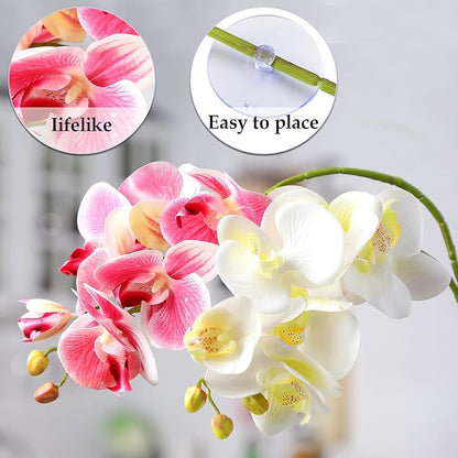 Chuangdi 2 Pieces Artificial Phalaenopsis with Suction Cups Terrarium Plant Decoration Reptile Habitat Plant Decor for Hermit Crab Lizards Geckos Snake Reptile (Dark Pink, White Yellow)
