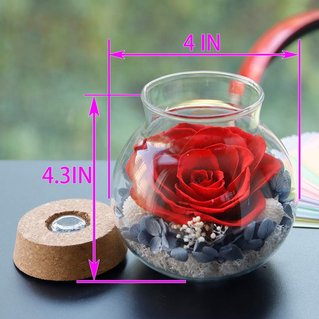 Preserved Real Roses with Colorful Mood Light Wishing Bottle, Eternal Rose，Never Withered Flowers, Table Decor,Christmas Anniversary Valentine's, Red 4.3inch, 1pcs