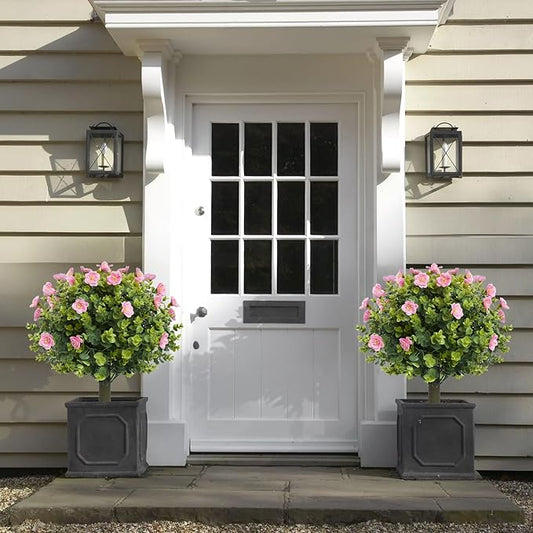 20" Artificial Camellia Topiary Ball Tree with Spike, Artificial Boxwood Shrubs Fake Bushes Set of 2, Faux Floral Flower Plant for Porch, Artificial Plants for Outdoor Indoor UV Resistant