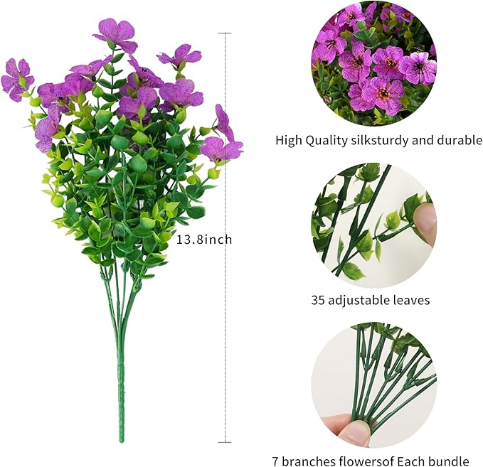 16 Bundles Artificial Flowers for Outdoors ,No Fade UV Resistant Realistic Purple Silk Daisy Fake Eucalyptus Summer Plants for Indoor Decoration Outside Planter Porch Home Garden Window Box Decor