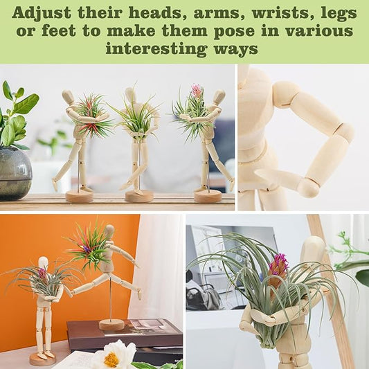 ANPHSIN 4 Pcs Wooden Air Plant Holder - Unique Jointed Mannequin Airplant Stand with Adjustable Poses, Tillandsia Display Container for Home Office Decoration Housewarming Gift