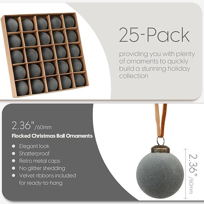 Sea Team 25-Pack Flocked Velvet Christmas Tree Ball Ornaments Set, Hanging Velour Baubles, Shatterproof Plastic Decorations for Xmas Tree, Wreath, Garland, 60mm/2.36 Inches, Gray