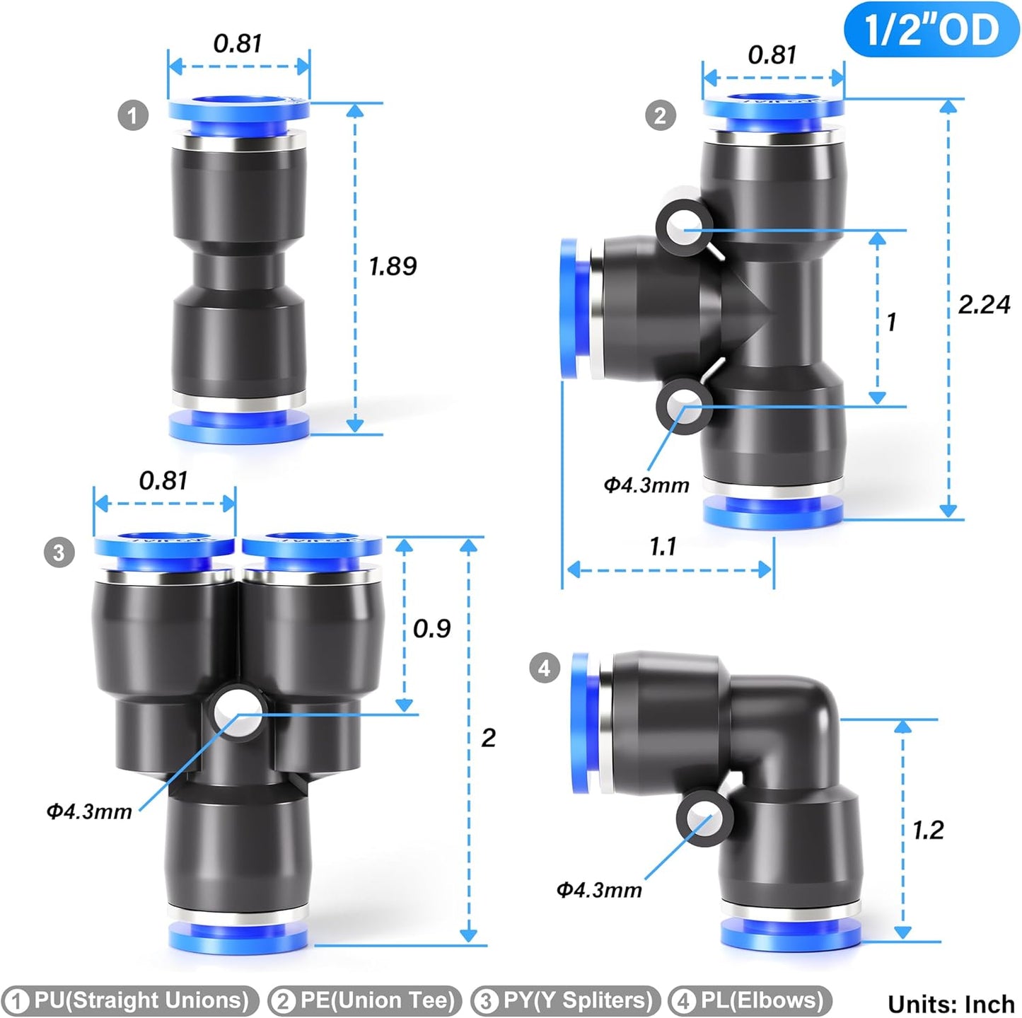 TAILONZ PNEUMATIC 1/2 Inch od Push to Connect Fittings Pneumatic Fittings kit 5 Spliters+5 Elbows+5 tee+5 Straight (20 pcs)