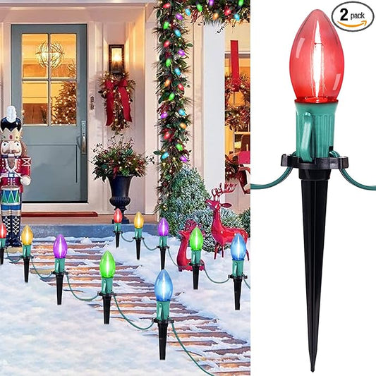 C9 Christmas Lights Outdoor, 2 Packs Total 51.4 Ft Christmas Pathway Lights with 40 LED Bulbs and Stakes, Connectable Outdoor Christmas Decorations Yard Walkway Sidewalk Holiday, Multicolor