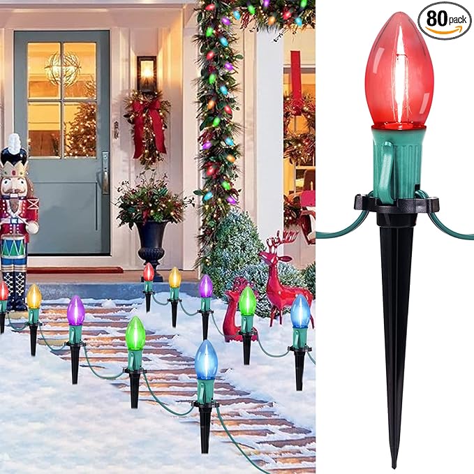 Brightown C9 Christmas Lights Outdoor, 4 Packs Total 103 Ft Christmas Pathway Lights with 80 LED Bulbs and Stakes, Connectable Outdoor Christmas Decorations Yard Walkway Sidewalk Holiday, Multicolor