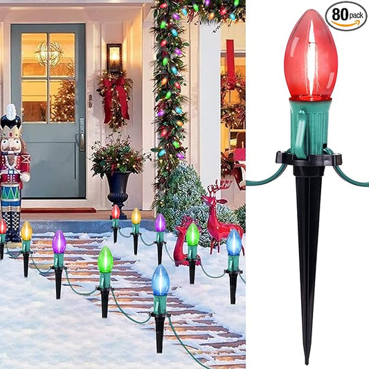 Brightown C9 Christmas Lights Outdoor, 4 Packs Total 103 Ft Christmas Pathway Lights with 80 LED Bulbs and Stakes, Connectable Outdoor Christmas Decorations Yard Walkway Sidewalk Holiday, Multicolor