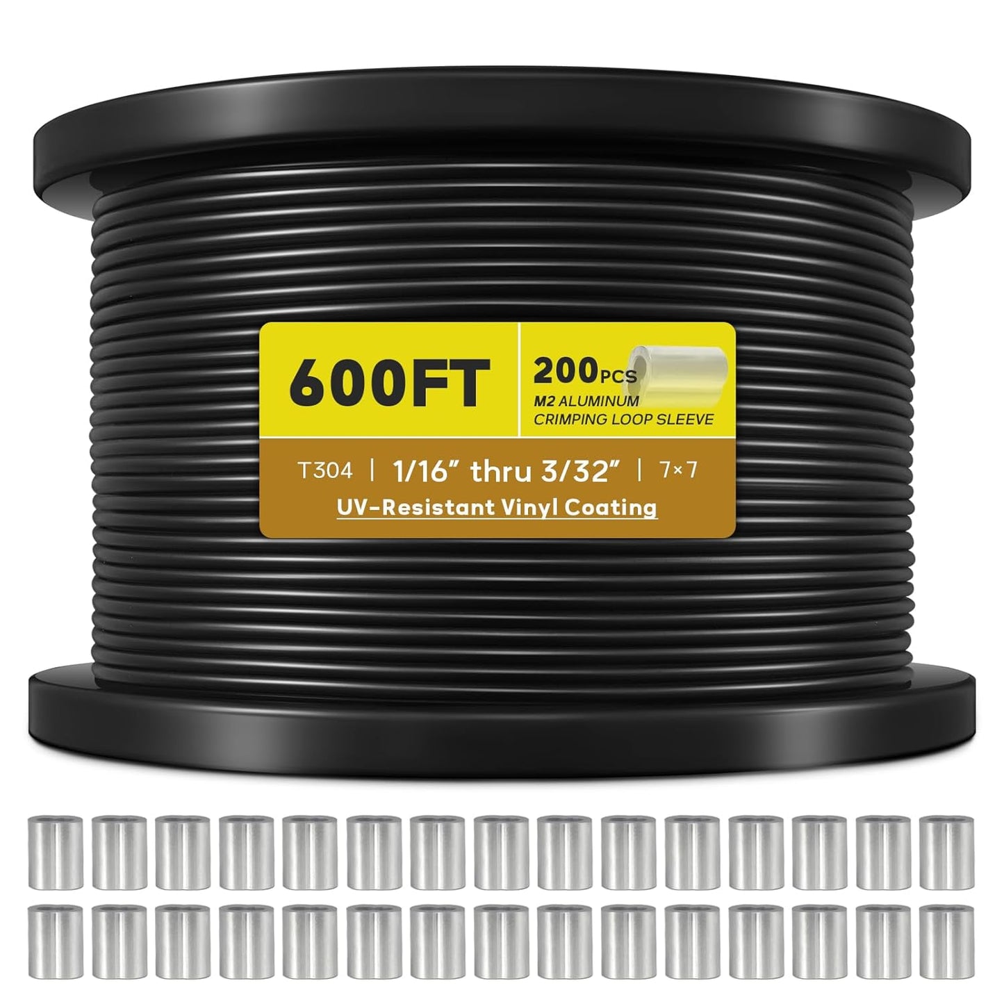 Vinyl Coated Wire Rope 1/16 Inch Overmolded to 3/32 Inch, 600FT 304 Stainless Steel Cable with 200 Pcs Crimping Sleeves for String Light Hanging Kit, Clotheslines and Trellis Wire