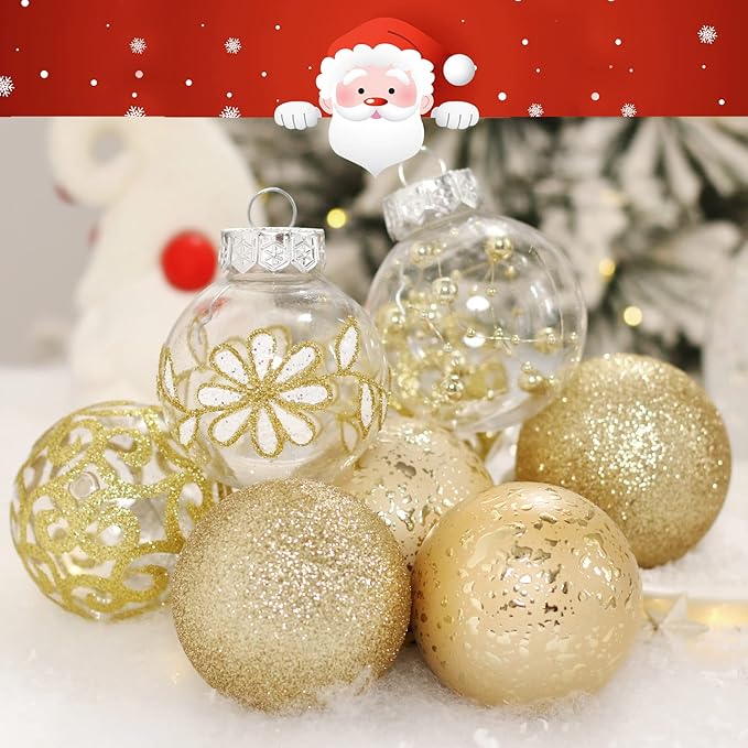 60mm/2.36inch Clear Christmas Ball Ornaments Set, 30ct Champagne Gold Christmas Ornaments Ball for Christmas Tree Decoration Shatterproof Transparent Baubles with Stuffed Decoration for Wedding Party