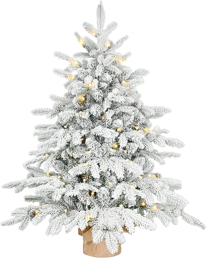 Prelit Flocked Christmas Tree, Artificial Small Christmas Tree with Led Lights, Frosted LED Xmas Tree with Snow (3FT-Lights)