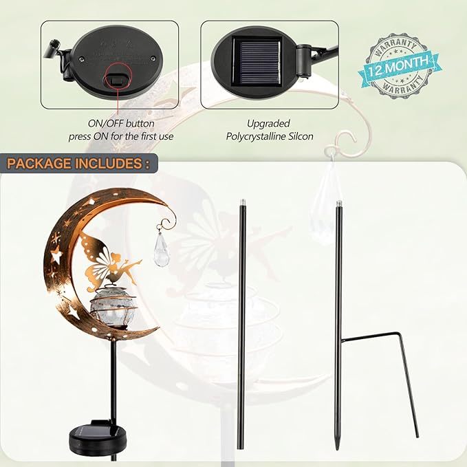 LICKLIP Moon & Fairy Garden Solar Stake Light Outdoor, Crackle Glass Globe With Metal Angle Stake, Waterproof Warm White LED, Decoration for Pathway Lawn Patio Courtyard Backyard (1 Pack)