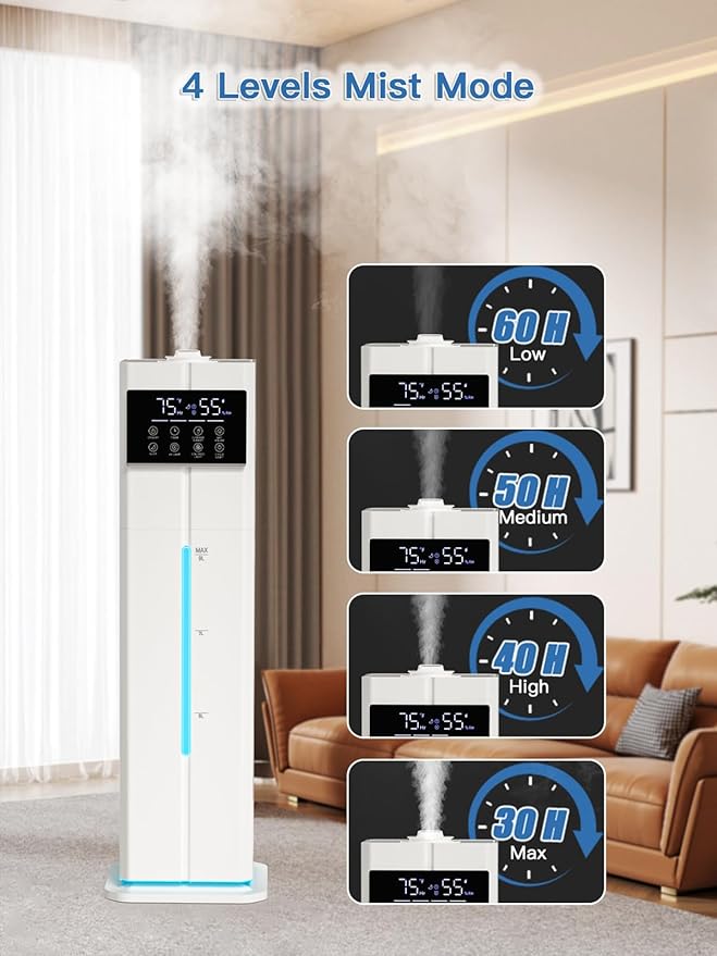 9L/2.4Gal Cool Mist Humidifier, Top Fill Quiet Ultrasonic Humidifiers for Bedroom, Covers 550ft², 60H Runtime, 24H Timer, 7 Colors Light, 4 Mist Modes Humidifier Large Room, Home, Office, White