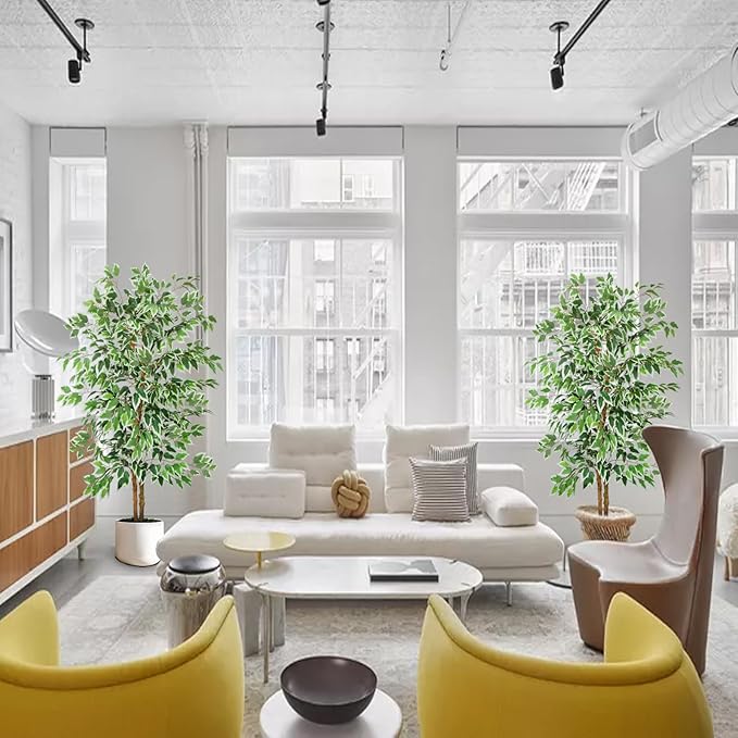 GTIDEA 2 Pcs 5ft Ficus Artificial Trees, Tall Faux Trees Indoor with Natural Trunk and Fake Silk Tree Fake Plants for Home Fall Decor Living Room Outdoor Balcony House Office (Included Dried Moss)