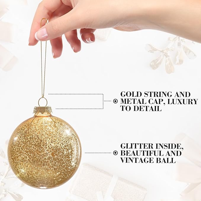 Gold Mercury Glass Ball Christmas Ornaments Set of 12-3.15”Luxurious Xmas Tree Hanging Bulb Decorations for New Year Thanksgiving Birthdays Party, Glass Ornaments for Elegant Xmas Halloween Decor