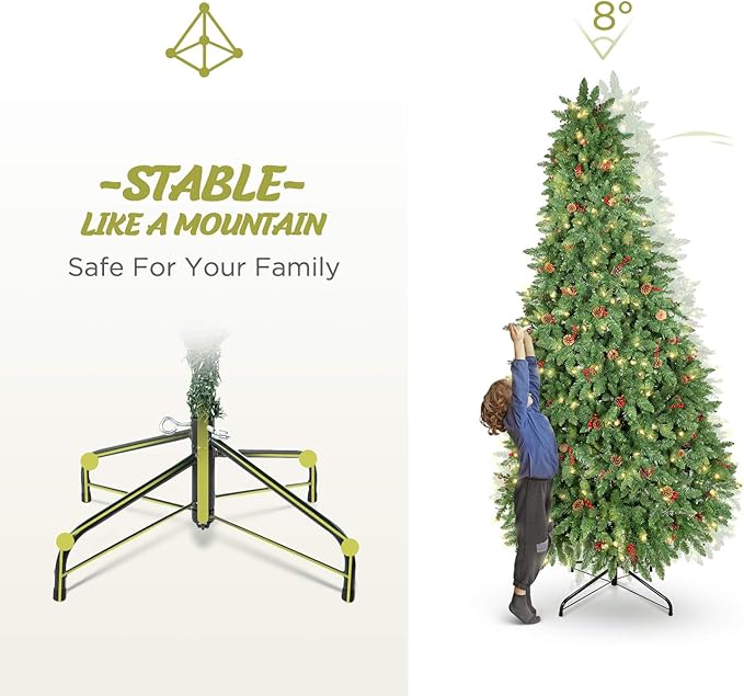 9FT Prelit Christmas Tree, Artificial Christmas Tree Pre-Decorated with Pinecones and Berries (800 Clear Warm Lights and Realistic 2106 Thicken Tips, Sturdy Metal Base)