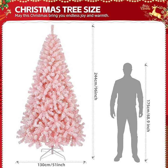 VINGLI 8ft Pink Artificial Christmas Pine Tree with 500 Warm LED Lights, Pre-Lit Flocked Xmas Tree with 1250 Full Branch Tips, Sturdy Metal Stand, 8 Color Modes for Holiday & Party Decorations