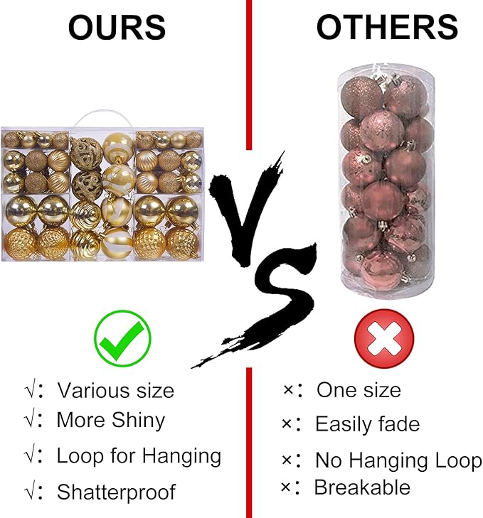 100PCS Christmas Ball Ornaments, Assorted Shatterproof Christmas Tree Decorations, Seasonal Decorative Hanging Baubles Decor Set for Xmas/Holiday/Party, Glitter&Painting Ornament Set (Gold)