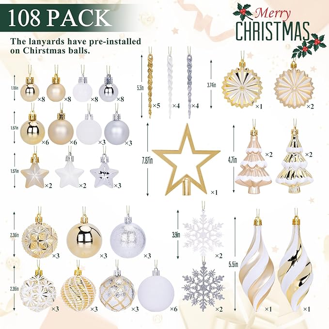 108 Pcs Christmas Ball Ornaments Set, Champagne Gold and White Shatterproof Hand-Painted Hanging Bulbs Decoration for Xmas Tree, Wreath, Garland, Home Holiday Decor