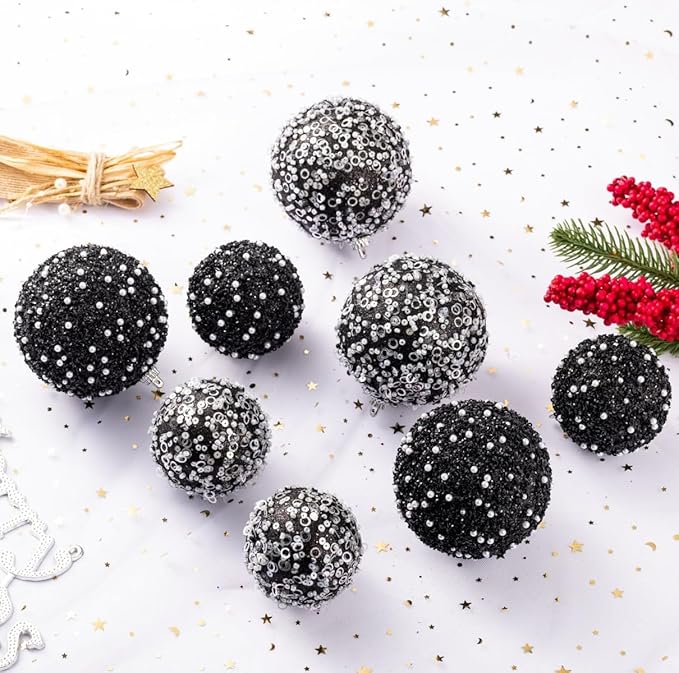 8CT Christmas Ball Ornaments, Black Christmas Ball Decorations Shatterproof Plastic Hanging Pearl Balls for Holiday Party(90mm/3.54")
