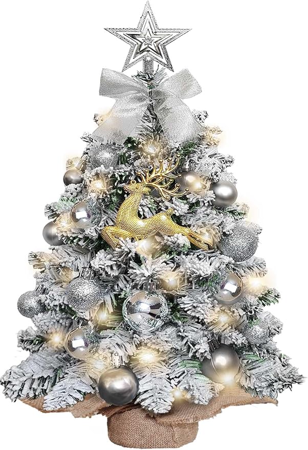 Mini Christmas Tree-with Lights,2ft Small Flocked Christmas Tree with 24pcs DIY Decorations,Small Flocked with LED Lights for Holiday Indoor DIY Decor