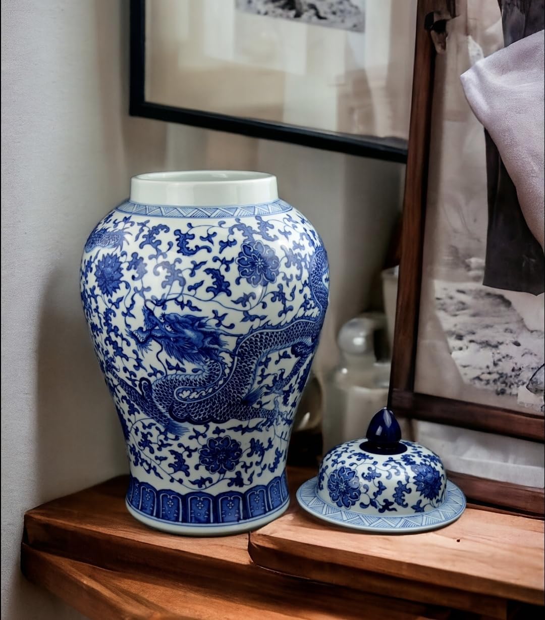 24" Classic Blue and White Dragon Porcelain Ceramic Temple Ginger Jar Vase, Large China Qing Style (Dragon)