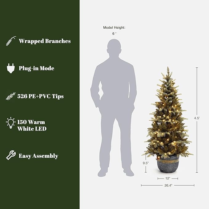 LuxenHome 4FT Potted Christmas Tree, Gold Glitter Slim Small Prelit Artificial Christmas Trees with 150 Warm White LED Lights, Faux Pine Tree with Modern MgO Pot for Indoor and Outdoor Holiday Decor