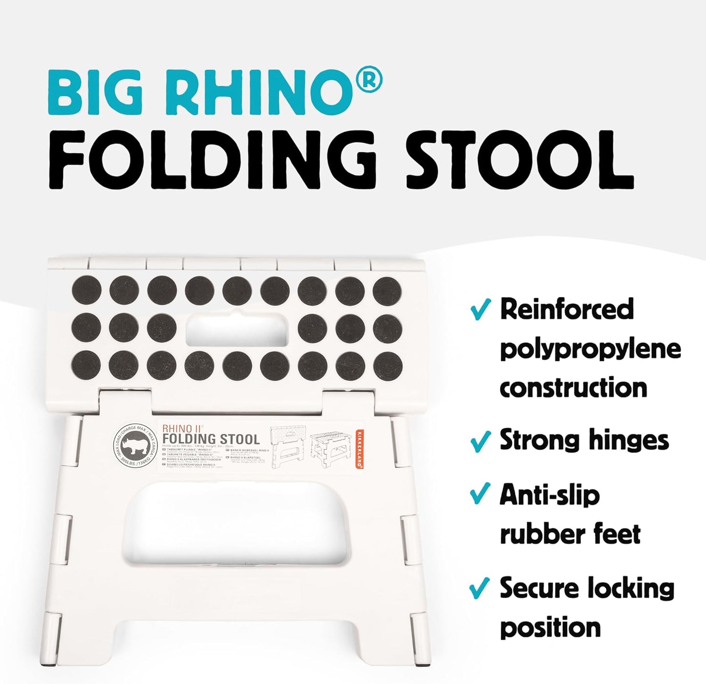 Kikkerland Rhino Foldable Step Stool – Holds Adults up to 300 Lbs, Best for Kitchen & Bathroom – Collapsible, Portable, Lightweight Stepping Stool with Sturdy, Non-Slip Design – White, 8”