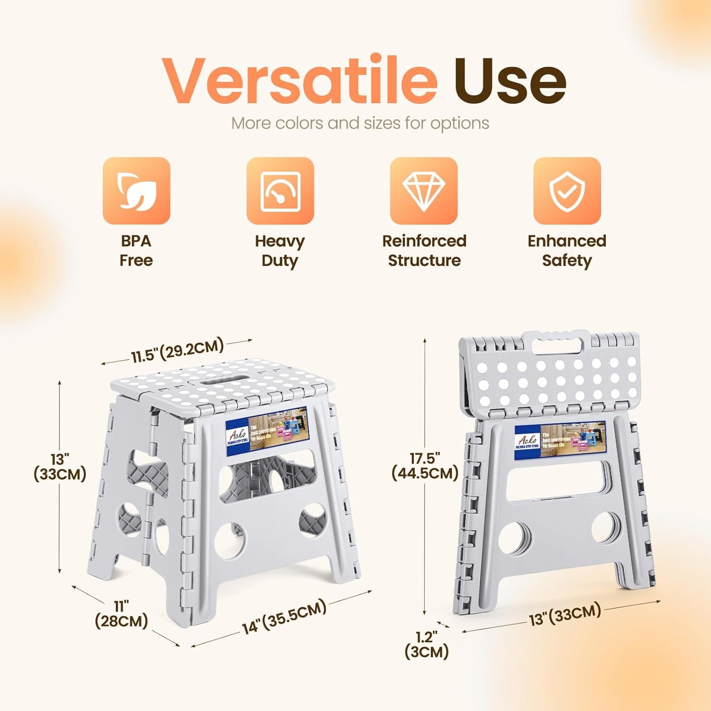 ACKO Folding Step Stool Foldable Stool 13 inch Plastic Stools for Kids and Adults Up to 300 lbs,Stepping Foot Stool with Portable Handle for Kitchen Closet Bedroom (Grey)