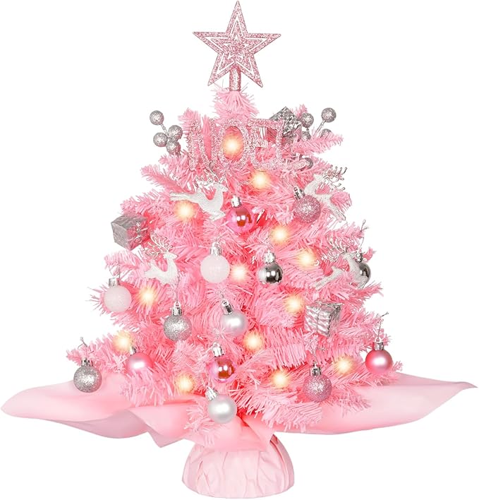 Wangchao Craft 20" Mini Pink Christmas Tree, Artificial Small Table Top Warm Lights, Star Treetop and Ornaments, Tabletop Christmas Tree for DIY Pink Christmas Decoration Gifts