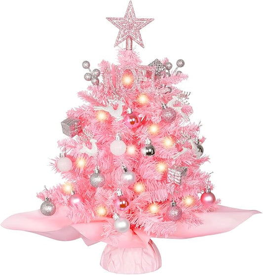 Wangchao Craft 20" Mini Pink Christmas Tree, Artificial Small Table Top Warm Lights, Star Treetop and Ornaments, Tabletop Christmas Tree for DIY Pink Christmas Decoration Gifts