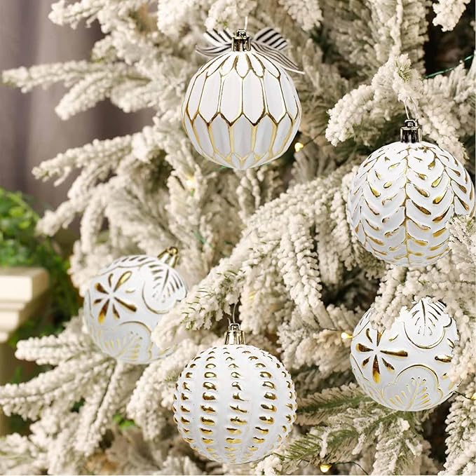 Christmas Ball Ornaments Set, 16ct 80mm Elegant White and Gold Assorted Xmas Tree Ball Ornaments, Shatterproof Christmas Tree Hanging Ornaments for Xmas Decoration