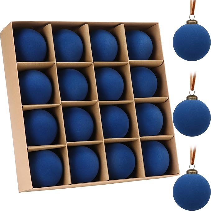 Sea Team 16-Pack Flocked Velvet Christmas Tree Ball Ornaments Set, Hanging Velour Baubles, Shatterproof Plastic Decorations for Xmas Tree, Wreath, Garland, 80mm/3.15 Inches, Royal Blue