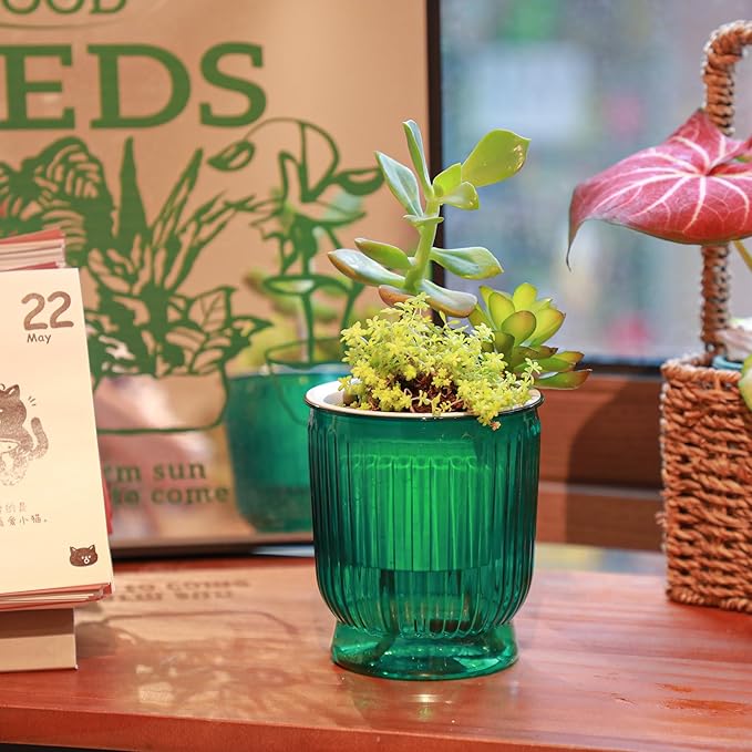 T4U 4 Inch Self Watering Plant Pot, 4 Pack Self Watering Pots, Small Self Watering Planter with Reservoir for Indoor Plants, African Violets (4 Pack 4" Pots, Translucent Green)