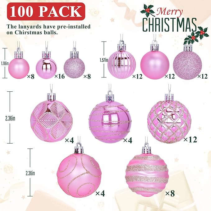 100 Pack Pink Christmas Ball Ornaments Set, Hand-Painted Shatterproof Hanging Decorations, Assorted Baubles Bulk for Xmas Tree Wreath, Winter Holiday Home Party Decor