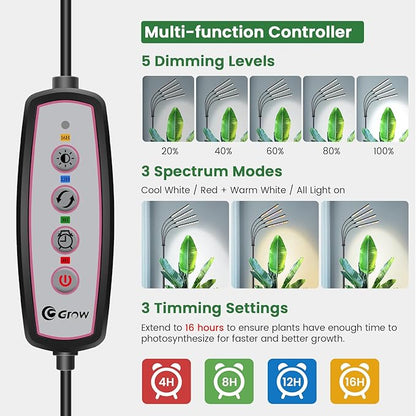 Grow Lights for Indoor Plants with Stand, 4-Heads Full Specturm Plant Grow Light with 4/8/12/16H Timer, 3 Color Modes, 360° Flexible Gooseneck, 24-68.7in Hight Adjustable Grow Lamp, Black