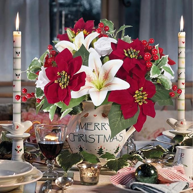 HUAESIN Poinsettias Artificial Christmas Flowers Cemetery Silk Christmas Floral Arrangements with Lily Rose Red Holly Berries Winter Flowers Christmas Picks for Xmas Home Vase Table Grave