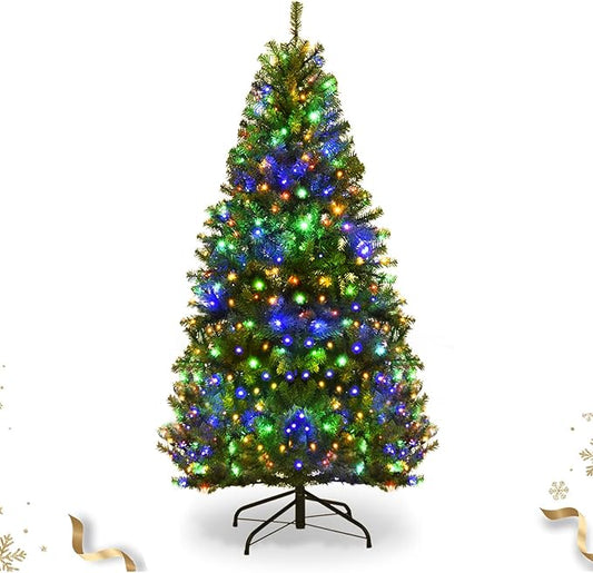 HAPPYGRILL 4FT Pre-Lit Christmas Tree with 300 PVC Branch Tips and Foldable Base, Premium Artificial Spruce Tree Hinged Xmas Tree for Holiday Decoration