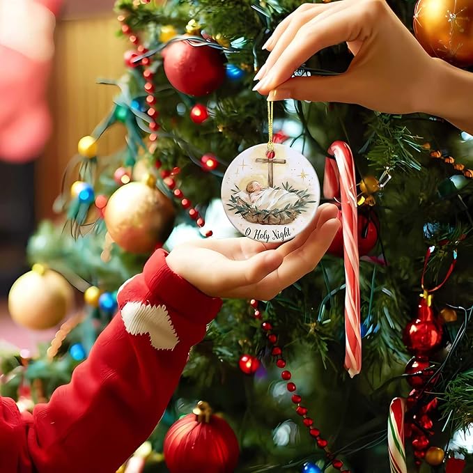 O Holy Night Ornaments Round Ceramic Birth of Jesus Cross Christ Ornament Christmas Keepsake Decor for Christmas Tree Winter Holiday Xmas Gift for Women Men Xmas Hanging Ornament 3" #1