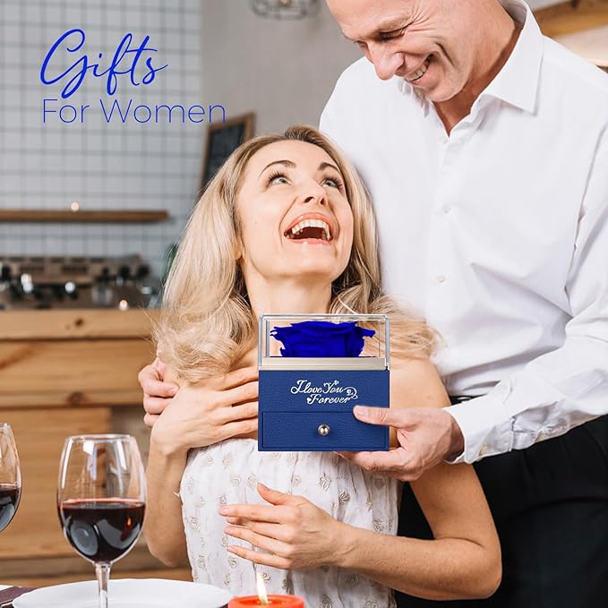 NEWNOVE Preserved Real Blue Rose with Angle Wings Necklace, Anniversary Birthday Gifts for Women, Wife Girlfriend Mom Gift Ideas, I Love You Gifts for Her