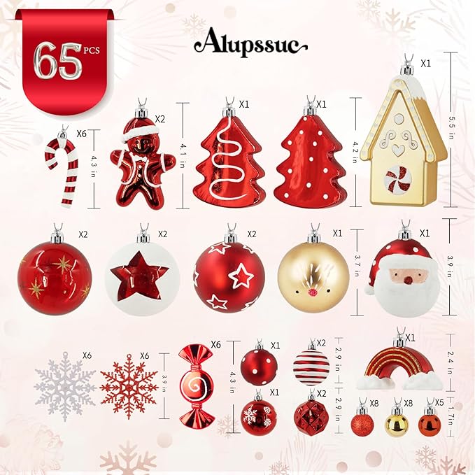 Alupssuc 65pcs Christmas Balls Ornaments Set, Shatterproof Plastic Baubles Gingerbread House, and Tree Topper for Xmas Tree Holiday Wedding Party Decorations with Hanging Strings, Gold & Red, White