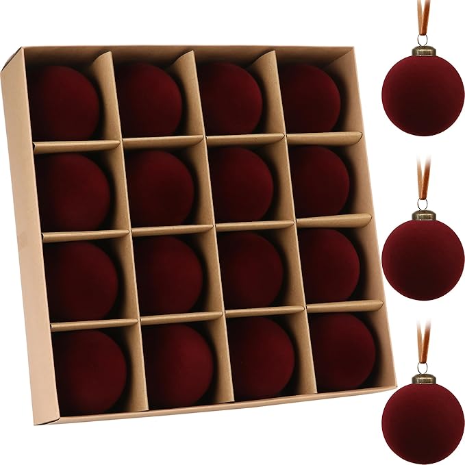 Sea Team 16-Pack Flocked Velvet Christmas Tree Ball Ornaments Set, Hanging Velour Baubles, Shatterproof Plastic Decorations for Xmas Tree, Wreath, Garland, 80mm/3.15 Inches, Burgundy