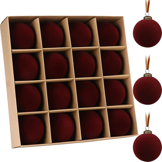 Sea Team 16-Pack Flocked Velvet Christmas Tree Ball Ornaments Set, Hanging Velour Baubles, Shatterproof Plastic Decorations for Xmas Tree, Wreath, Garland, 80mm/3.15 Inches, Burgundy
