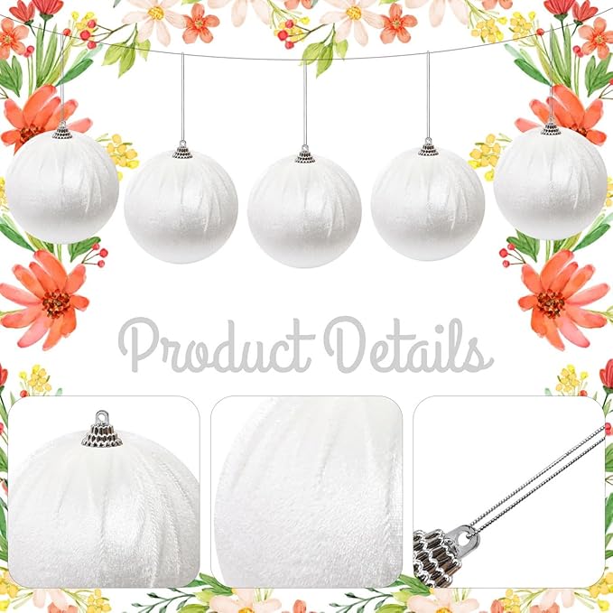 Woration 10pcs Christmas Balls Ornaments Set Velvet Wrapped Plastic Ball Hanging Decoration 3 Size for Xmas Tree Festival Home Wedding Holiday Party Decor - White