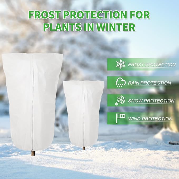 2 Pack 32"x24" Winter Plant Cover Freeze Protection Frost Cloth Blankets, 3 oz/yd² Frost Covers with Zipper Drawstring, Frost Protection Tree Cover for Outdoor Plant Cold Weather Protector