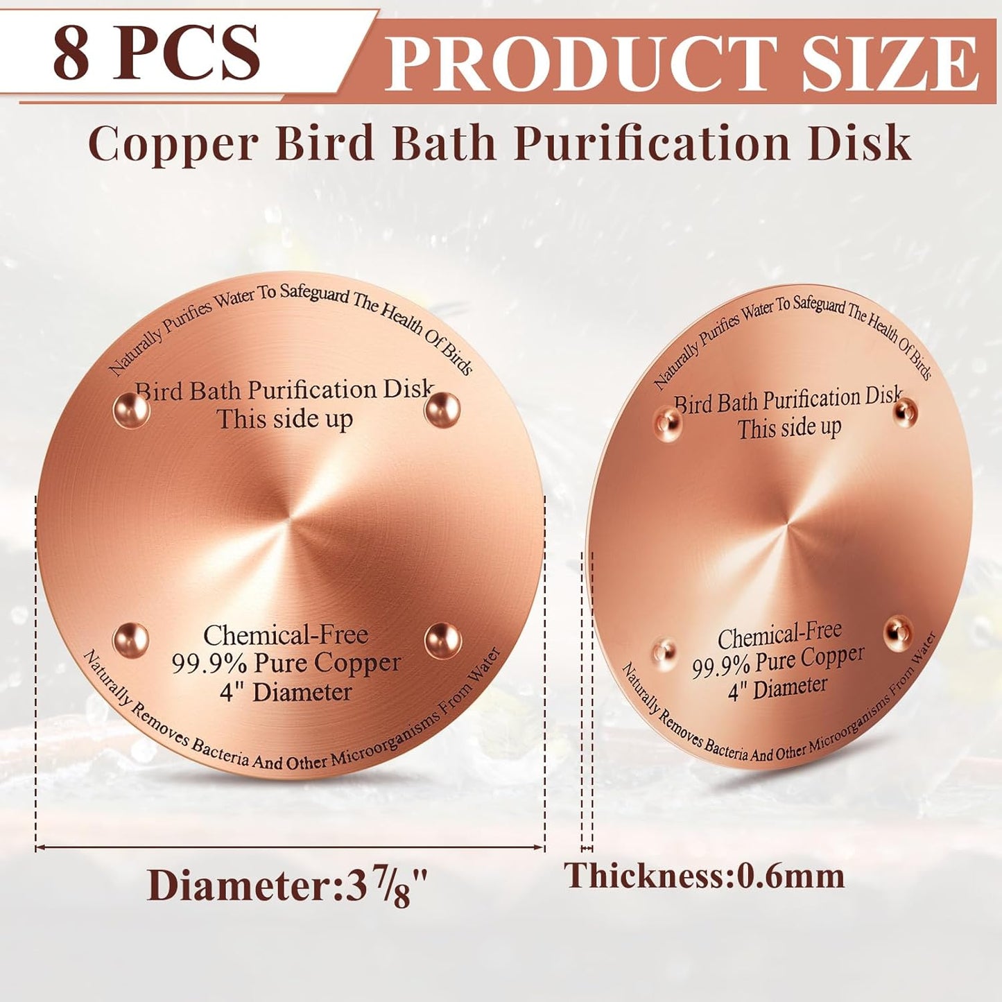 8 Pcs Bird Bath Copper Disk, 0.6mm Thick Reinforced 99.99% Pure Copper Birdbath Purification Disk, with 4 Point Support for Outdoor Birdbaths Bowls Cleaner, 4 Inch (Classic)