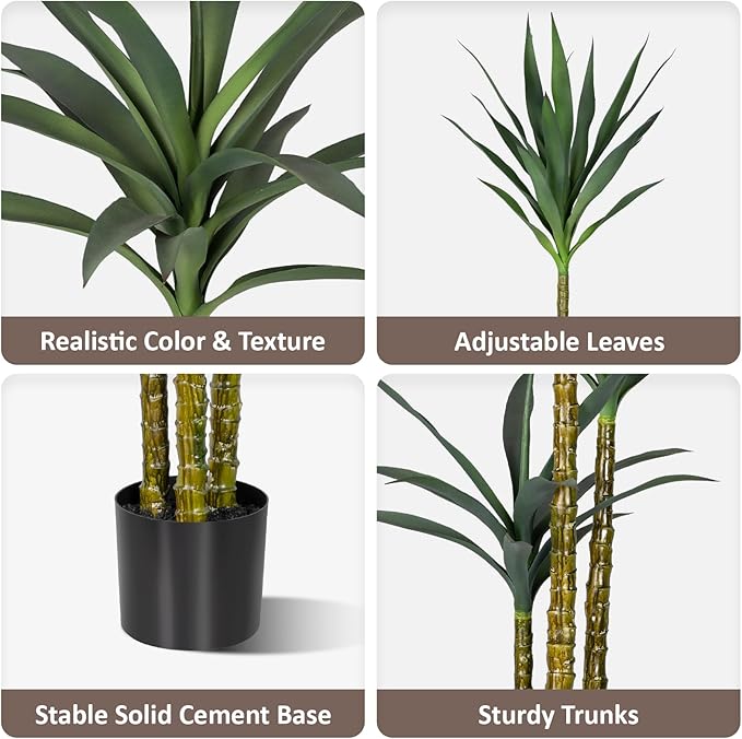 Artificial Agave Plant 5Ft Artificial Tree, Indoor Large Fake Plant 7 Head in Black Plastic Planter, 60in Faux Plants for Indoor or Outdoor Office Decoration Housewarming Green Tree