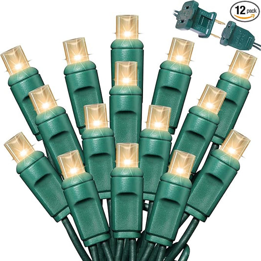 LAMPHOME 600LED (12pk of 50L) String Lights,Twinkle, LED Christmas Lights, 6" SPACING,Green Wire,Warm White